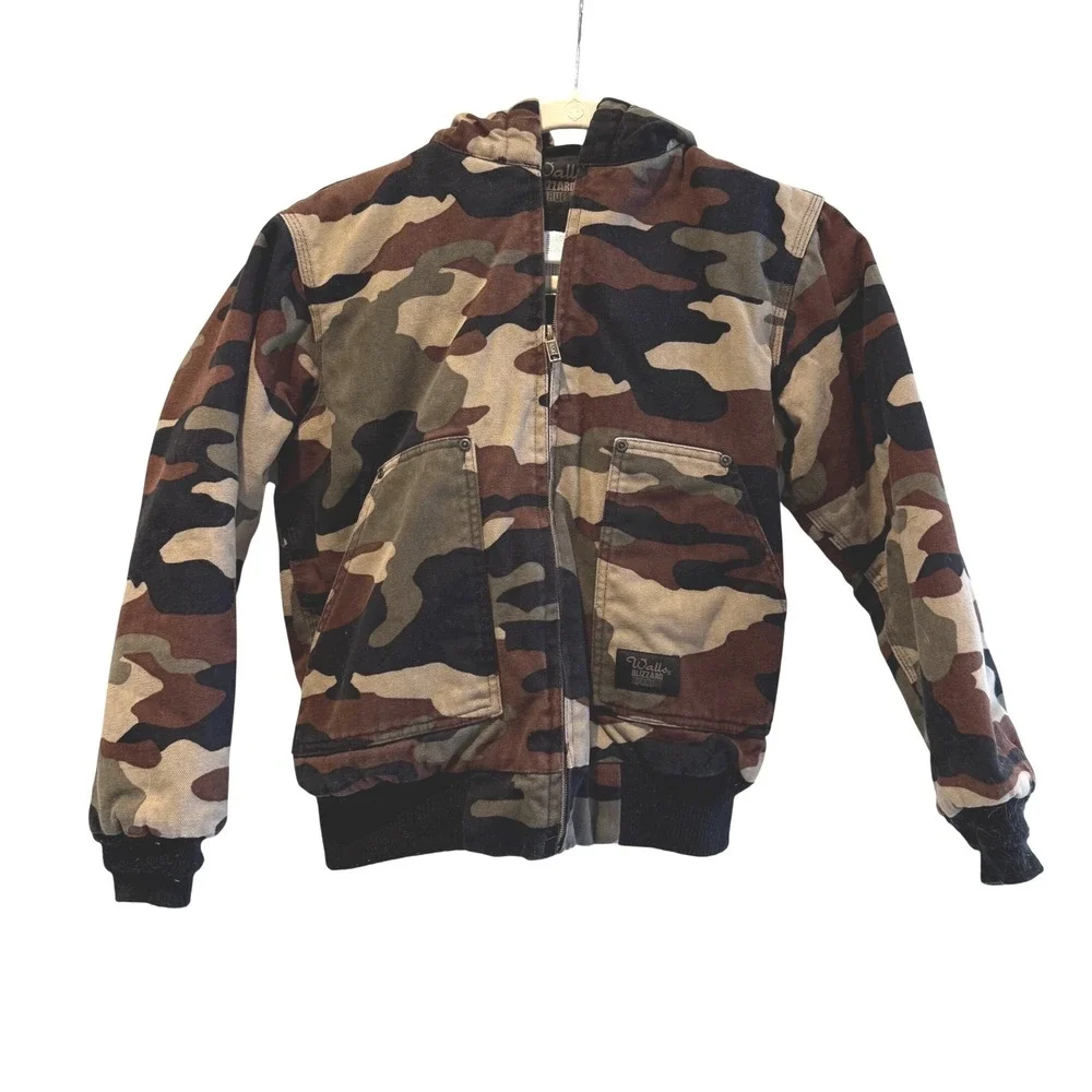 Walls‎ Blizzard Pruf Vintage Green Brown Camo Hooded Bomber Jacket Kids 12/14 YL